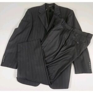 Alfred Sung Mens Suit 38R Black Pinstripe 2 Piece Wool 2 Button Flat Front